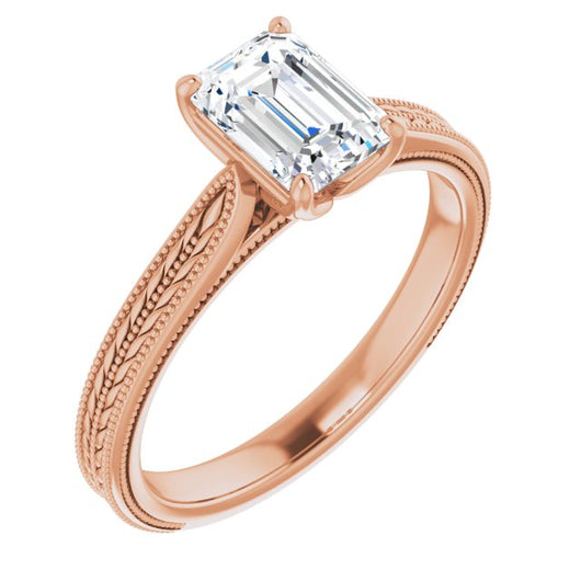 10K Rose Gold Customizable Emerald/Radiant Cut Solitaire with Wheat-inspired Band 