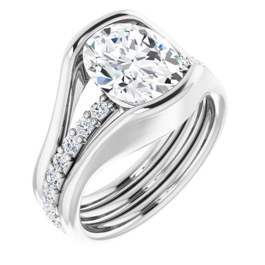 10K White Gold Customizable Bezel-set Oval Cut Style with Thick Pavé Band