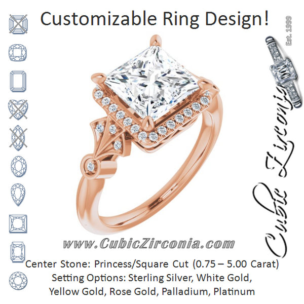 Cubic Zirconia Engagement Ring- The Zhee (Customizable Cathedral-Crown Princess/Square Cut Design with Halo and Scalloped Side Stones)