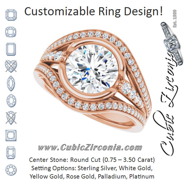 Cubic Zirconia Engagement Ring- The Paola (Customizable Cathedral-Bezel Round Cut Design with Wide Triple-Split-Pavé Band)