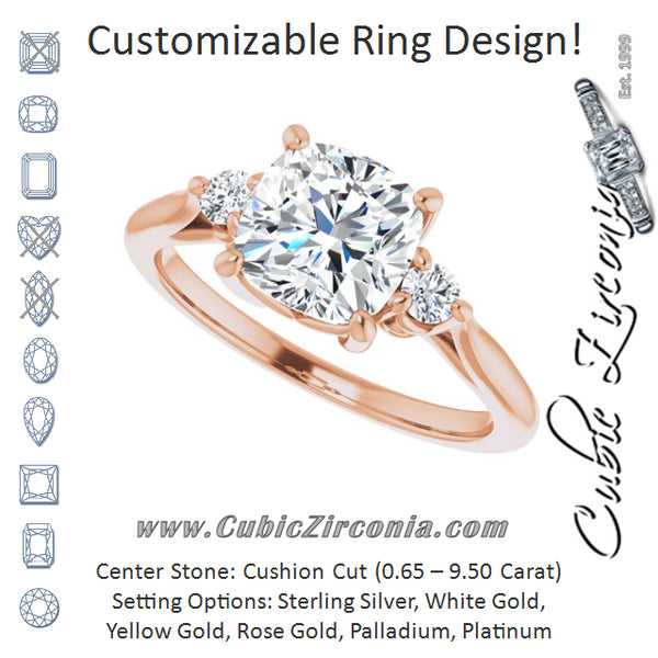 Cubic Zirconia Engagement Ring- The Malena (Customizable Three-stone Cushion Cut Design with Small Round Accents and Vintage Trellis/Basket)