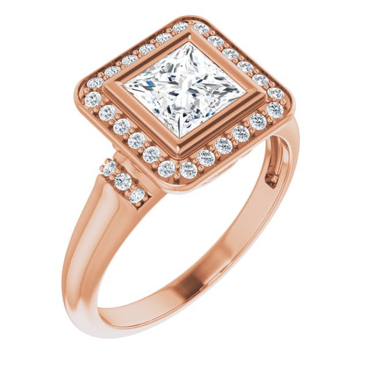 10K Rose Gold Customizable Bezel-set Princess/Square Cut Design with Halo and Vertical Round Channel Accents