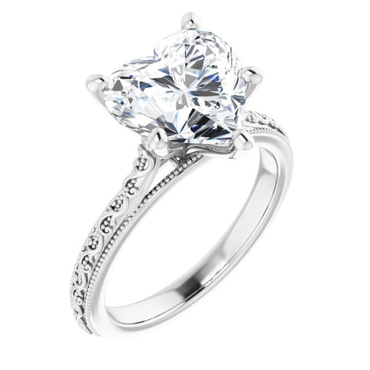 10K White Gold Customizable Heart Cut Solitaire with Delicate Milgrain Filigree Band