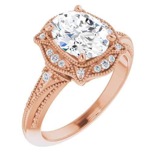 10K Rose Gold Customizable Vintage Oval Cut Design with Beaded Milgrain and Starburst Semi-Halo