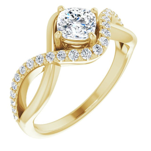 10K Yellow Gold Customizable Cushion Cut Design with Semi-Accented Twisting Infinity Bypass Split Band and Half-Halo