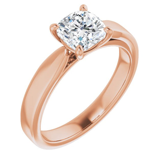 10K Rose Gold Customizable Cushion Cut Cathedral Solitaire with Wide Tapered Band