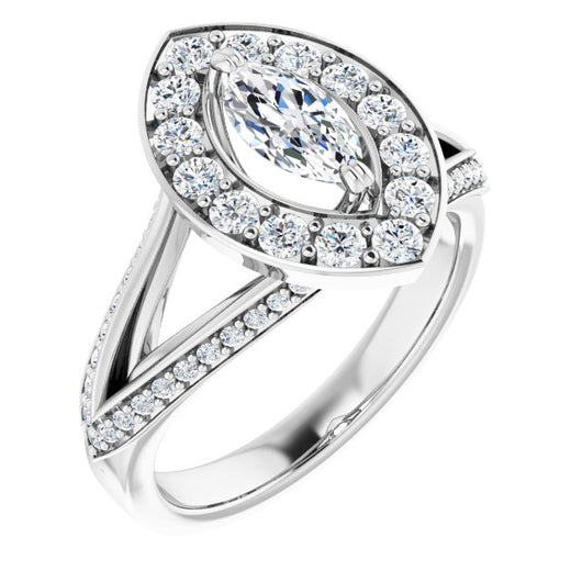 10K White Gold Customizable Marquise Cut Center with Large-Accented Halo and Split Shared Prong Band