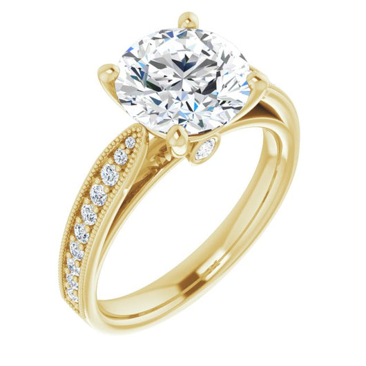 10K Yellow Gold Customizable Round Cut Style featuring Milgrained Shared Prong Band & Dual Peekaboos