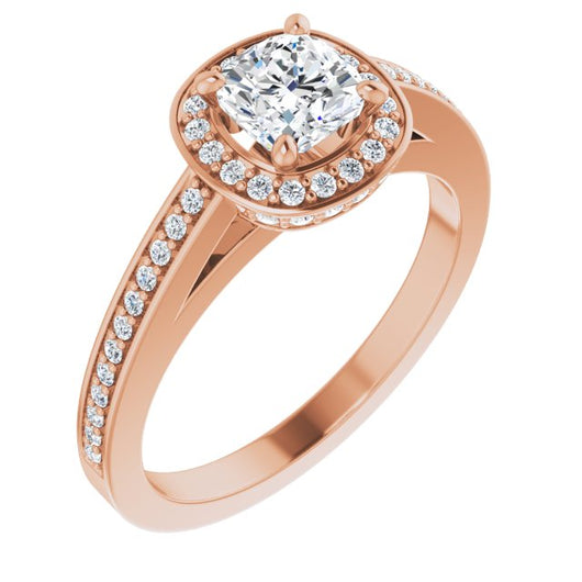 10K Rose Gold Customizable Cathedral-set Cushion Cut Design with Halo, Thin Pavé Band & Round-Bezel Peekaboos