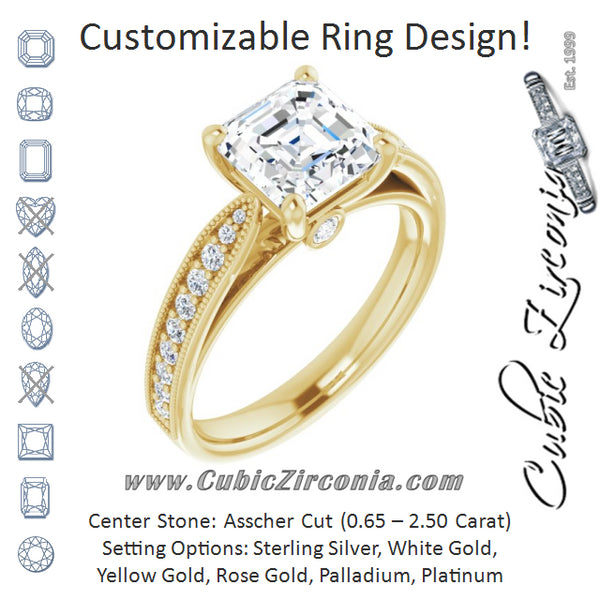 Cubic Zirconia Engagement Ring- The Carli Love (Customizable Asscher Cut Style featuring Milgrained Shared Prong Band & Dual Peekaboos)