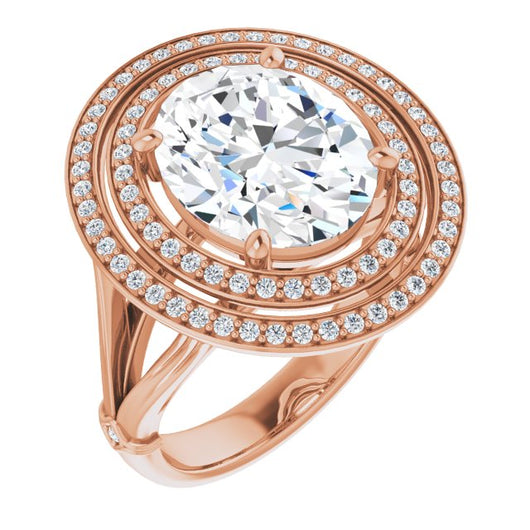 10K Rose Gold Customizable Cathedral-set Oval Cut Design with Double Halo, Wide Split Band and Side Knuckle Accents