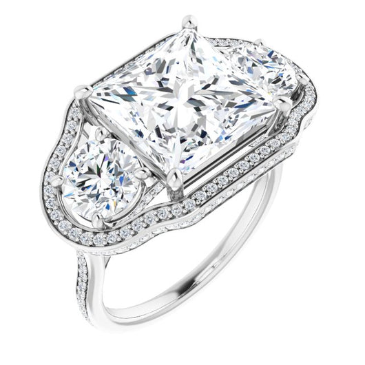 10K White Gold Customizable 3-stone Princess/Square Cut Design with Multi-Halo Enhancement and 150+-stone Pavé Band