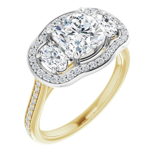 14K Yellow & White Gold Customizable Cushion Cut Style with Oval Cut Accents, 3-stone Halo & Thin Shared Prong Band