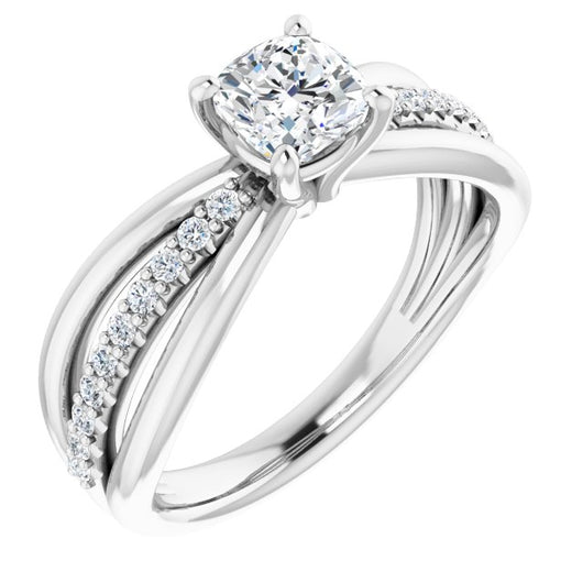 10K White Gold Customizable Cushion Cut Design with Tri-Split Accented Band