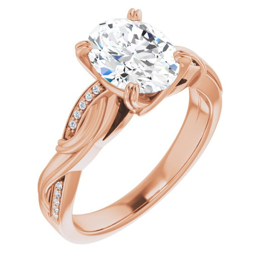 10K Rose Gold Customizable Cathedral-raised Oval Cut Design featuring Rope-Braided Half-Pavé Band