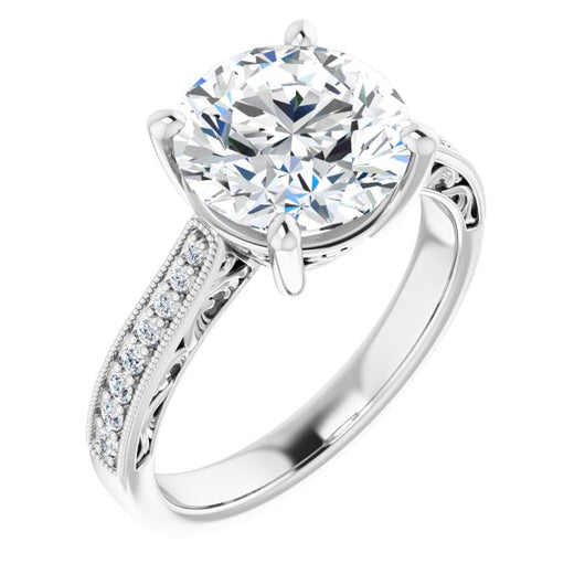 10K White Gold Customizable Round Cut Design with Round Band Accents and Three-sided Filigree Engraving