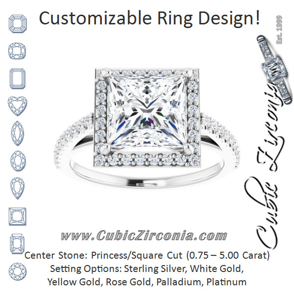 Cubic Zirconia Engagement Ring- The Catherine Lea (Customizable Princess/Square Cut Design with Halo and Thin Pavé Band)