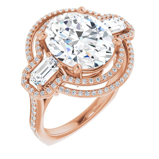 10K Rose Gold Customizable Enhanced 3-stone Style with Oval Cut Center, Emerald Cut Accents, Double Halo and Thin Shared Prong Band