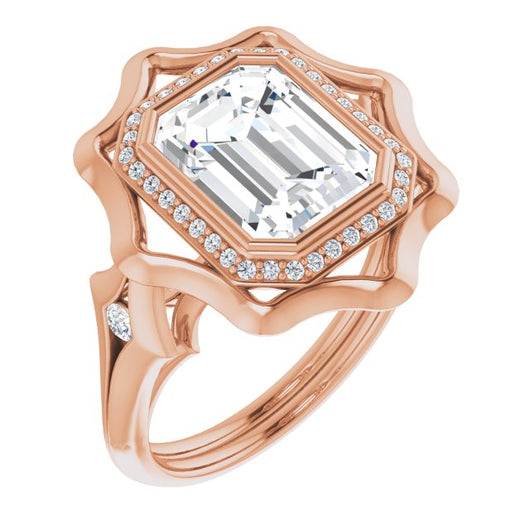 10K Rose Gold Customizable Bezel-set Emerald/Radiant Cut with Halo & Oversized Floral Design