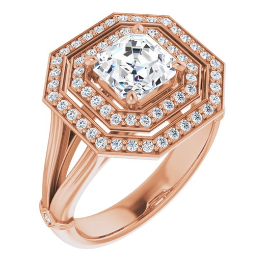 10K Rose Gold Customizable Cathedral-set Asscher Cut Design with Double Halo, Wide Split Band and Side Knuckle Accents