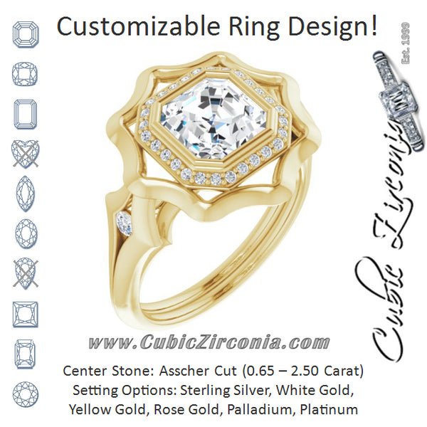 Cubic Zirconia Engagement Ring- The Jeanne (Customizable Bezel-set Asscher Cut with Halo & Oversized Floral Design)