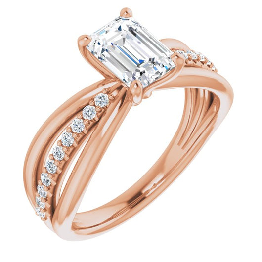 10K Rose Gold Customizable Emerald/Radiant Cut Design with Tri-Split Accented Band