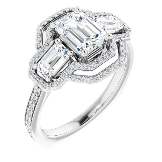 10K White Gold Customizable Enhanced 3-stone Style with Emerald/Radiant Cut Center, Emerald Cut Accents, Double Halo and Thin Shared Prong Band