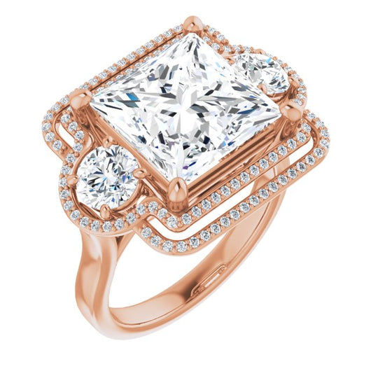 10K Rose Gold Customizable Cathedral-set Enhanced 3-stone Princess/Square Cut Design with Multidirectional Halo