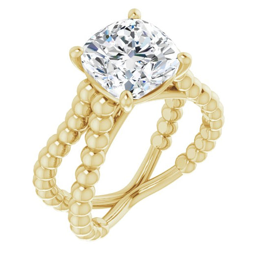 10K Yellow Gold Customizable Cushion Cut Solitaire with Wide Beaded Split-Band