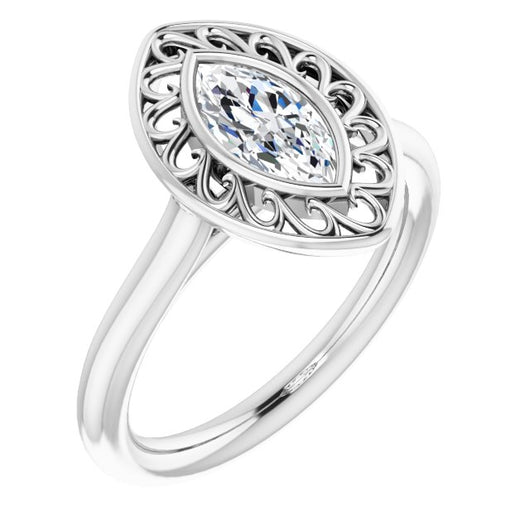 10K White Gold Customizable Cathedral-Bezel Style Marquise Cut Solitaire with Flowery Filigree