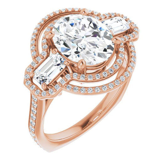 10K Rose Gold Customizable Enhanced 3-stone Style with Oval Cut Center, Emerald Cut Accents, Double Halo and Thin Shared Prong Band