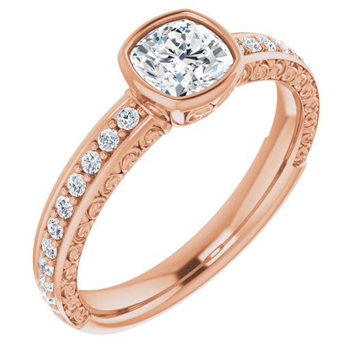 10K Rose Gold Customizable Bezel-set Cushion Cut Design with Cloud-pattern Band & Semi-Eternity Accents