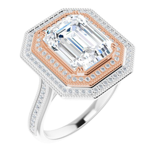 14K White & Rose Gold Customizable Emerald/Radiant Cut Design with Elegant Double Halo, Houndstooth Milgrain and Band-Channel Accents