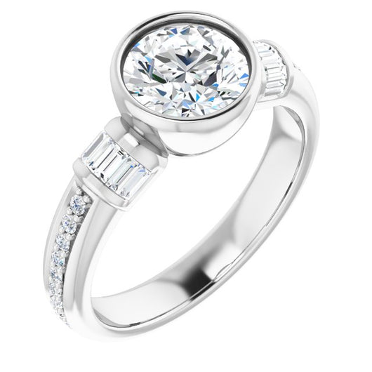 10K White Gold Customizable Cathedral-Bezel Round Cut Style with Horizontal Baguettes & Shared Prong Band