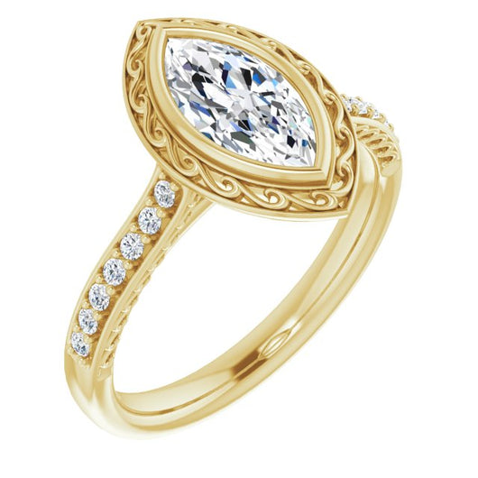 10K Yellow Gold Customizable Cathedral-Bezel Marquise Cut Design featuring Accented Band with Filigree Inlay