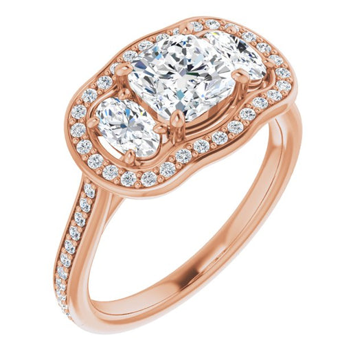 10K Rose Gold Customizable Cushion Cut Style with Oval Cut Accents, 3-stone Halo & Thin Shared Prong Band