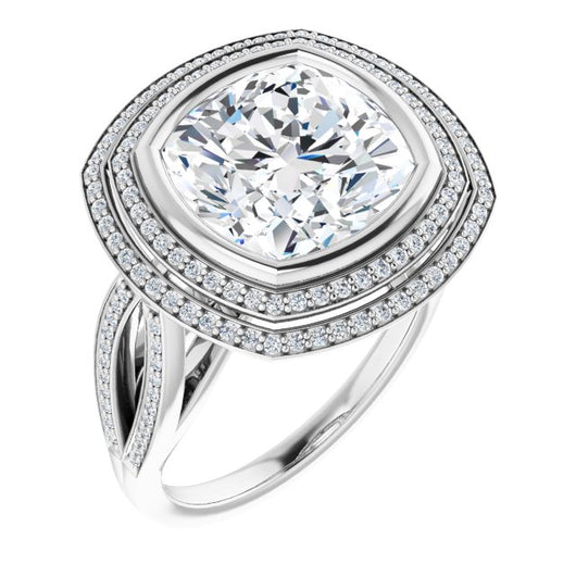 10K White Gold Customizable Bezel-set Cushion Cut Style with Double Halo and Split Shared Prong Band