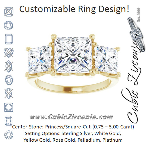 Cubic Zirconia Engagement Ring- The Taryn (Customizable Triple Princess/Square Cut Design with Decorative Trellis)