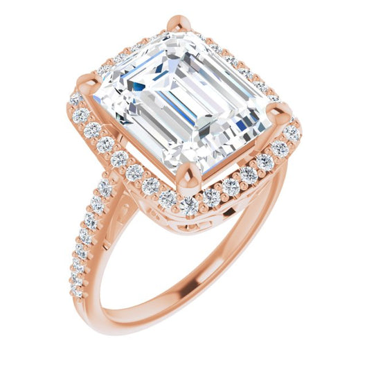 10K Rose Gold Customizable Cathedral-Crown Emerald/Radiant Cut Design with Halo and Accented Band