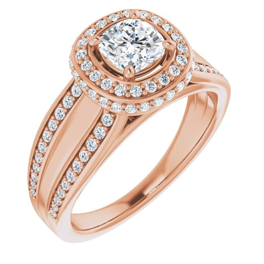 10K Rose Gold Customizable Halo-style Cushion Cut with Under-halo & Ultra-wide Band