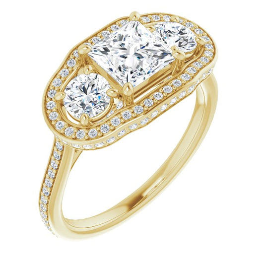 10K Yellow Gold Customizable 3-stone Princess/Square Cut Design with Multi-Halo Enhancement and 150+-stone Pavé Band