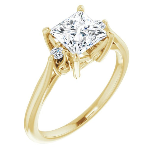 10K Yellow Gold Customizable Three-stone Princess/Square Cut Design with Small Round Accents and Vintage Trellis/Basket