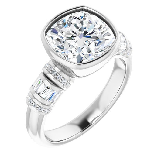 10K White Gold Customizable Bezel-set Cushion Cut Setting with Wide Sleeve-Accented Band