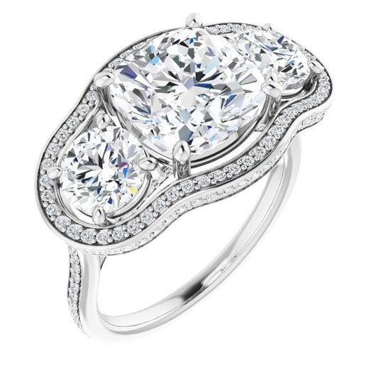 10K White Gold Customizable 3-stone Cushion Cut Design with Multi-Halo Enhancement and 150+-stone Pavé Band