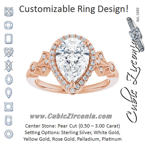 Cubic Zirconia Engagement Ring- The Zhee (Customizable Cathedral-Crown Pear Cut Design with Halo and Scalloped Side Stones)