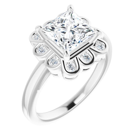 10K White Gold Customizable 9-stone Princess/Square Cut Design with Round Bezel Side Stones