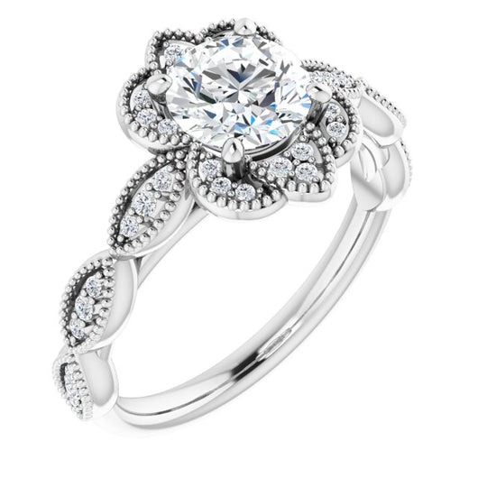 10K White Gold Customizable Cathedral-style Round Cut Design with Floral Segmented Halo & Milgrain+Accents Band