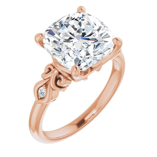 10K Rose Gold Customizable 3-stone Cushion Cut Design with Small Round Accents and Filigree