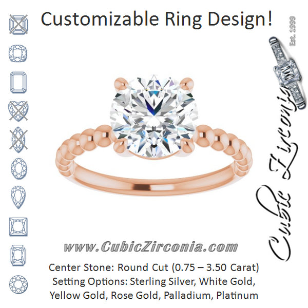 Cubic Zirconia Engagement Ring- The Hattie (Customizable Round Cut Solitaire with Thin Beaded-Bubble Band)