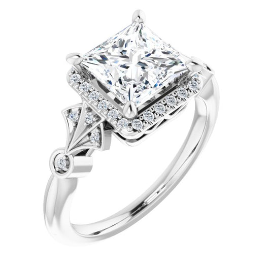 10K White Gold Customizable Cathedral-Crown Princess/Square Cut Design with Halo and Scalloped Side Stones